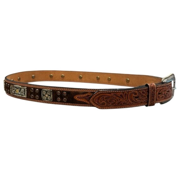 3D Belt Co Western Tooled Leather Belt w/ Silver Buckle – Size 42 - Picture 3 of 5
